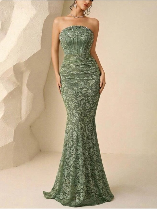 Elegant Strapless Lace Mermaid Dress in Sage Green - Picture 5 of 8